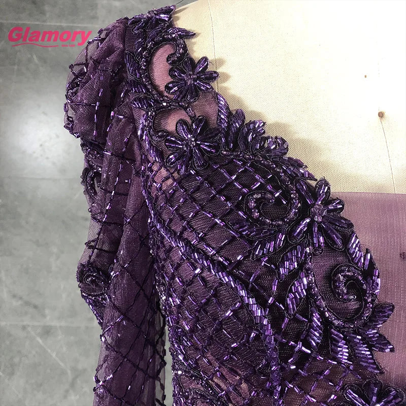 Purple Sleeve Sexy Gown Hand-Beading Satin a Line Evening Dress Elegant Formal Long Dresses for Fat Women
