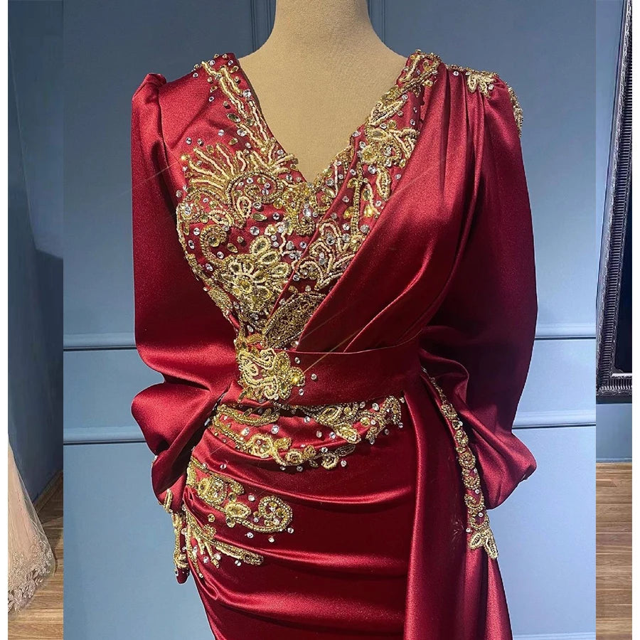 Modest Long Sleeve Handmade Beaded  Ruffle Satin Party Elegant Mermaid Party Evening Dress for Woman