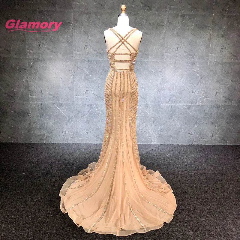 Gold Crystal Beaded Formal Prom Shiny Long Bodycon Evening Dress Ladies Spaghetti Straps Sexy Backless Party Gown