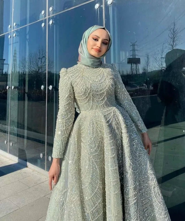 Muslim Glitter Sequined Evening Dresses Organza Formal Party Prom Gowns Long Sleeves Luxury Dubai Vestido De Fiesta