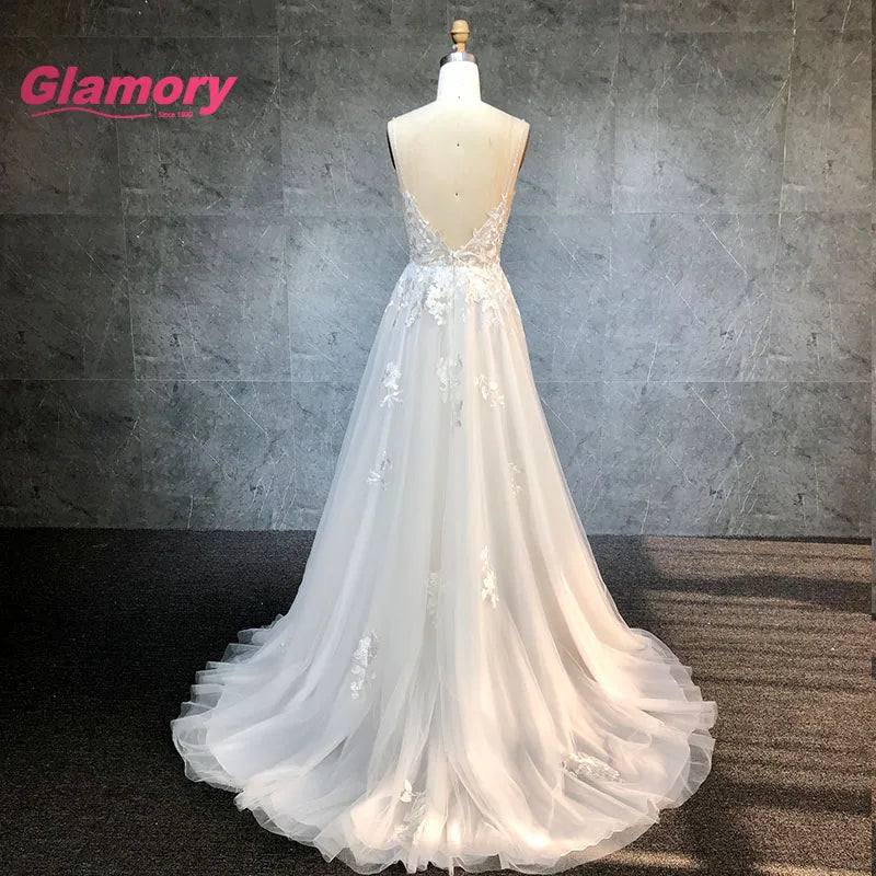 2020 Real Photo Gorgeous V Neck Floral Lace Beading a Line Floor Length Soft Tulle Wedding Dress