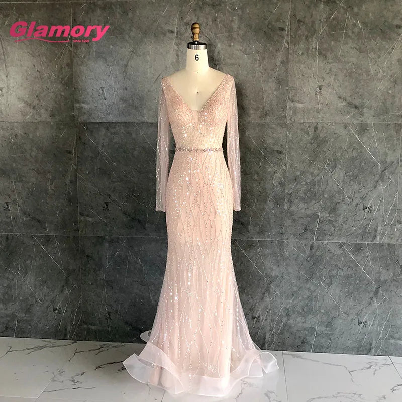 Hot Sale New Style 2020 Mermaid Custom Pink Sparkly Beaded Prom Sexy Deep V-neck Long Sleeve Girls Party Dress