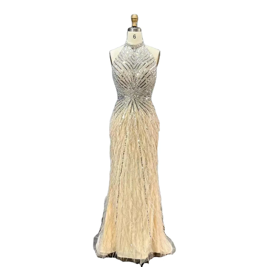 New Arrival Luxury Beaded Gown With Feathers High Neck Thigh Sheer Long Elegant Evening Dresses