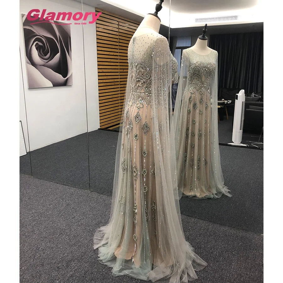 Latest OEM Factory Luxury Evening Elegant O-Neck Long Sleeves With Flutter Sleeves Crystal Beading Mermaid Prom Dress