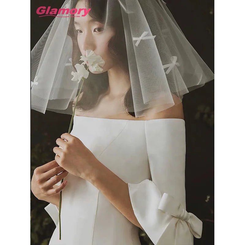 2020 Princess Megan Style Customized Satin Off-Shoulder Fit and Flare Sleeve Mermaid Wedding Dress