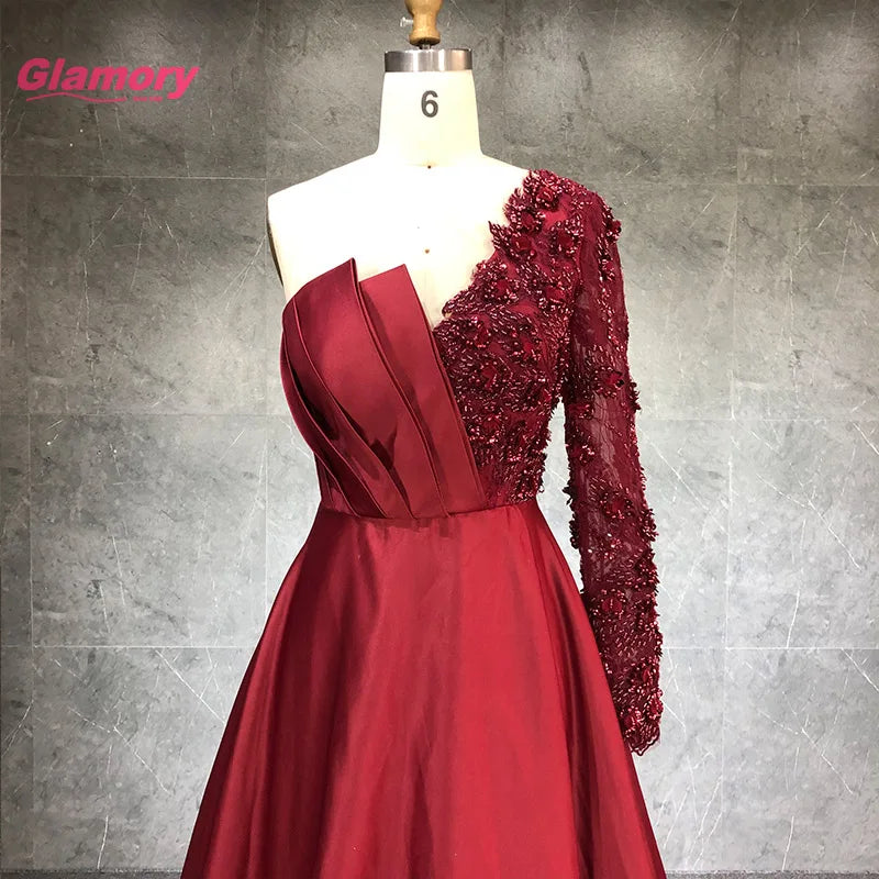 Burgundy One Shoulder Sexy Evening Handmade Flowers a Line Satin Prom Dress Ladies Long Formal Gown