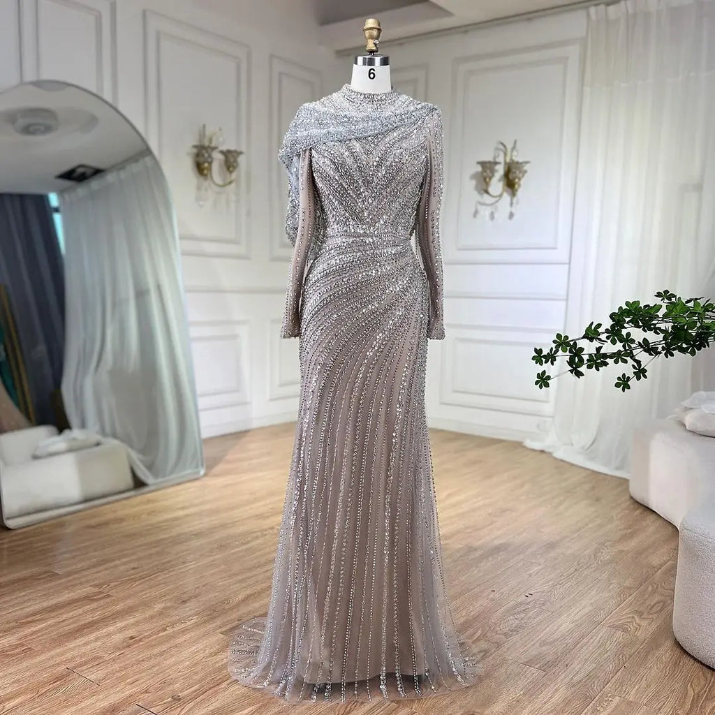 Silver Nude Beaded Mermaid Party Gown for Women Muslim Long Sleeves Full Coverage Evening Floor-Length