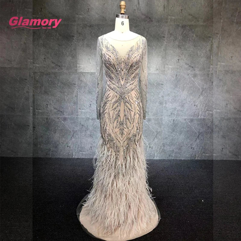 Nude  Feather Dress Sparkly Beading Sexy Party Wear Gowns Long Mermaid Formal Evening Dresses for Women