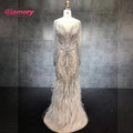 Nude  Feather Dress Sparkly Beading Sexy Party Wear Gowns Long Mermaid Formal Evening Dresses for Women