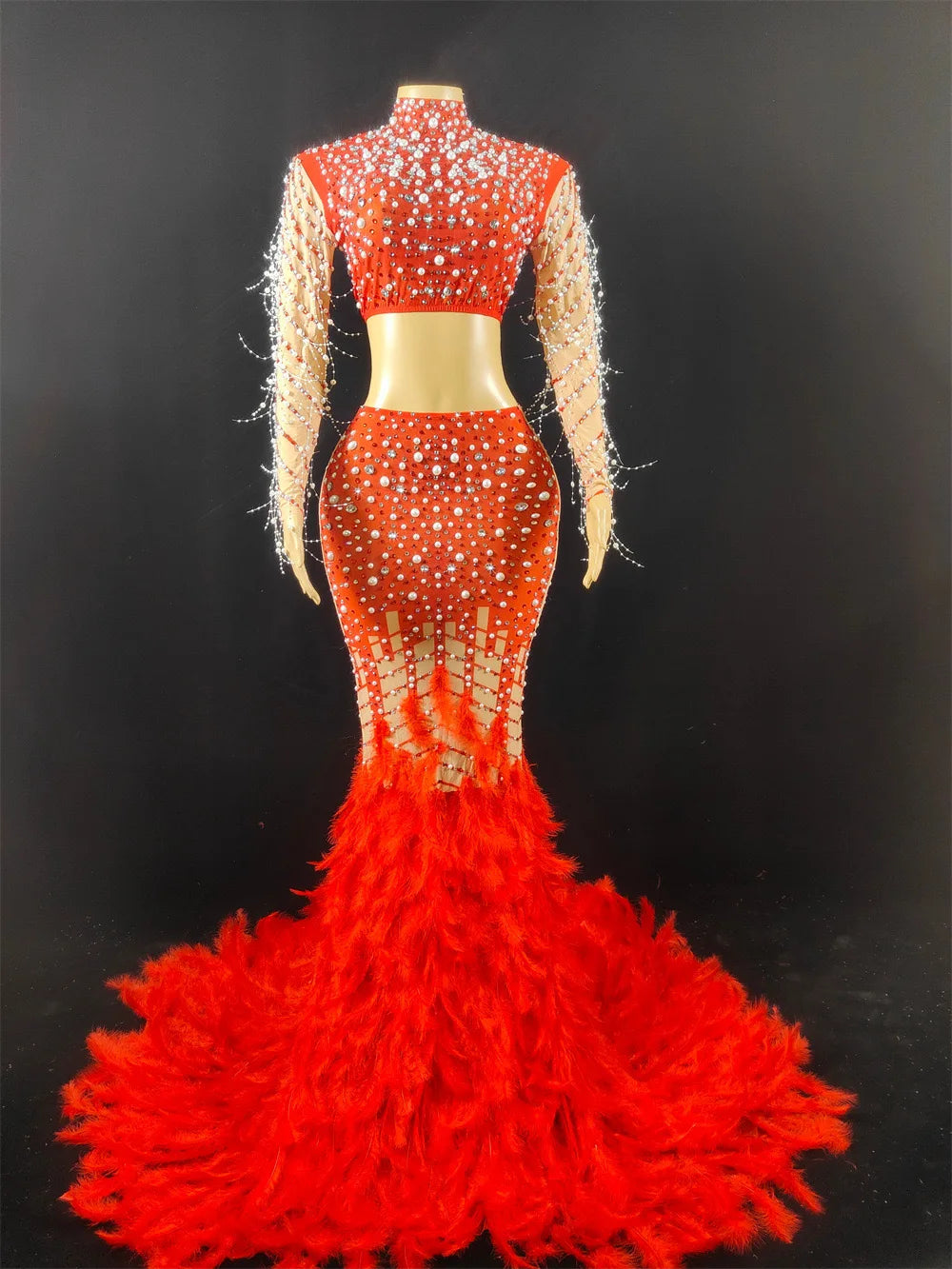 Luxury Pearl Sequins Mermaid Dress Women Ball Gown Wedding Dress Fashion Feather Shining Rhinestone Party Dress