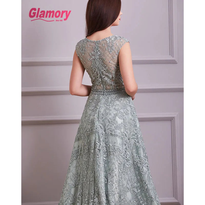 2020 New Collection Mint Evening Lace Luxurious Beading Cap Sleeve a Line Long Prom Dress Formal Occasion Gowns