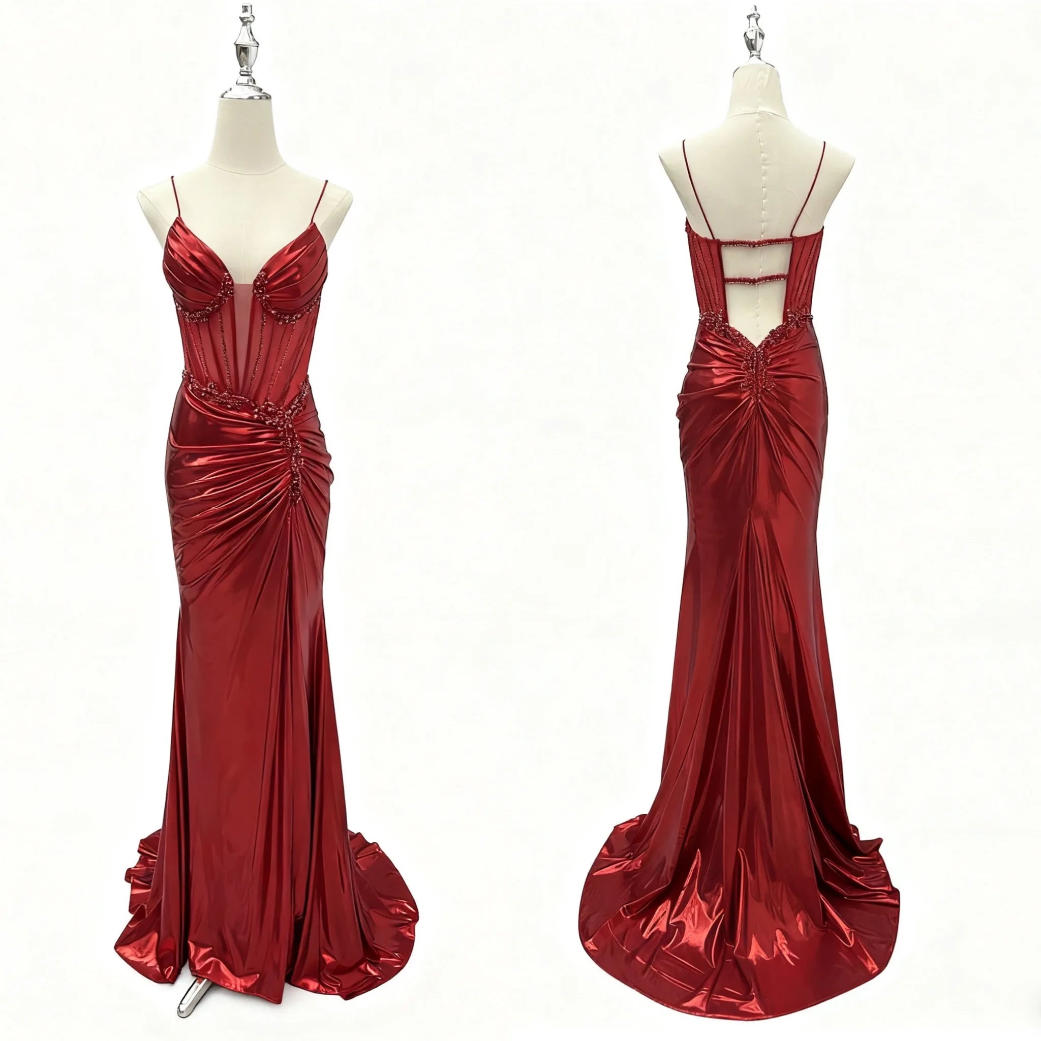 New Women's Red Beading V-Neck Long Evening Slit Sleeveless Dress Prom Dresses Party Sexy Sequin Evening Dress