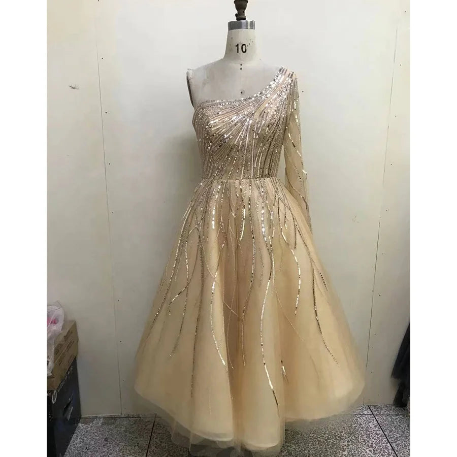 2021 Green a Line One Shoulder Sexy Party Dresses Beaded Mid Length Evening Gowns for Women Wear