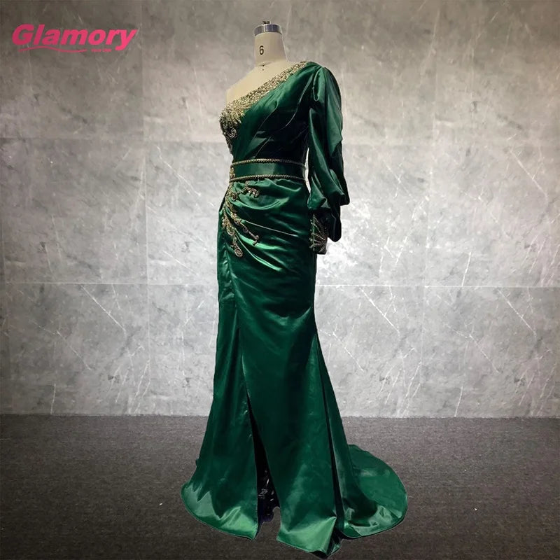 Green New Custom One-shoulder Handmade Beading Wrap Dresses Sexy Satin Evening Dresses  for Women