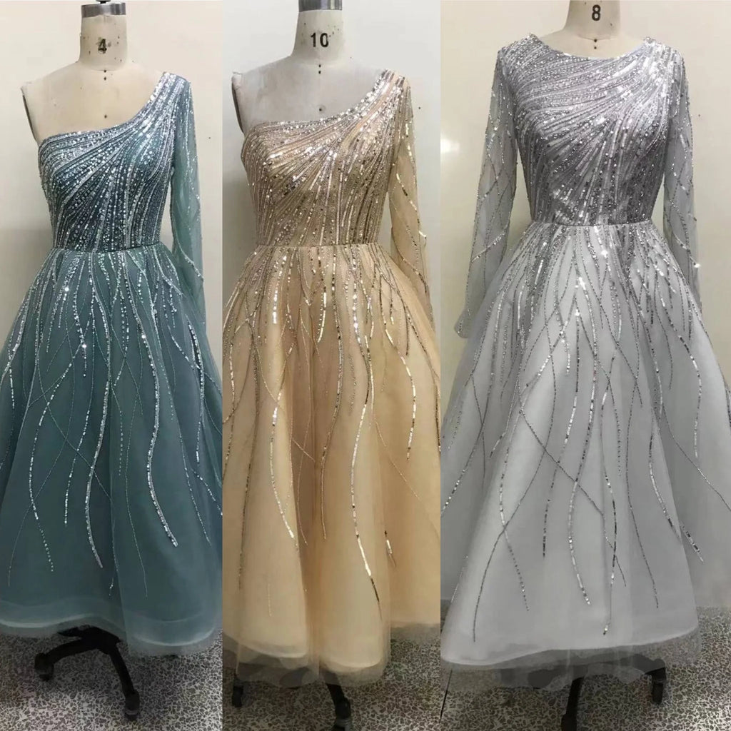 2021 Green a Line One Shoulder Sexy Party Dresses Beaded Mid Length Evening Gowns for Women Wear