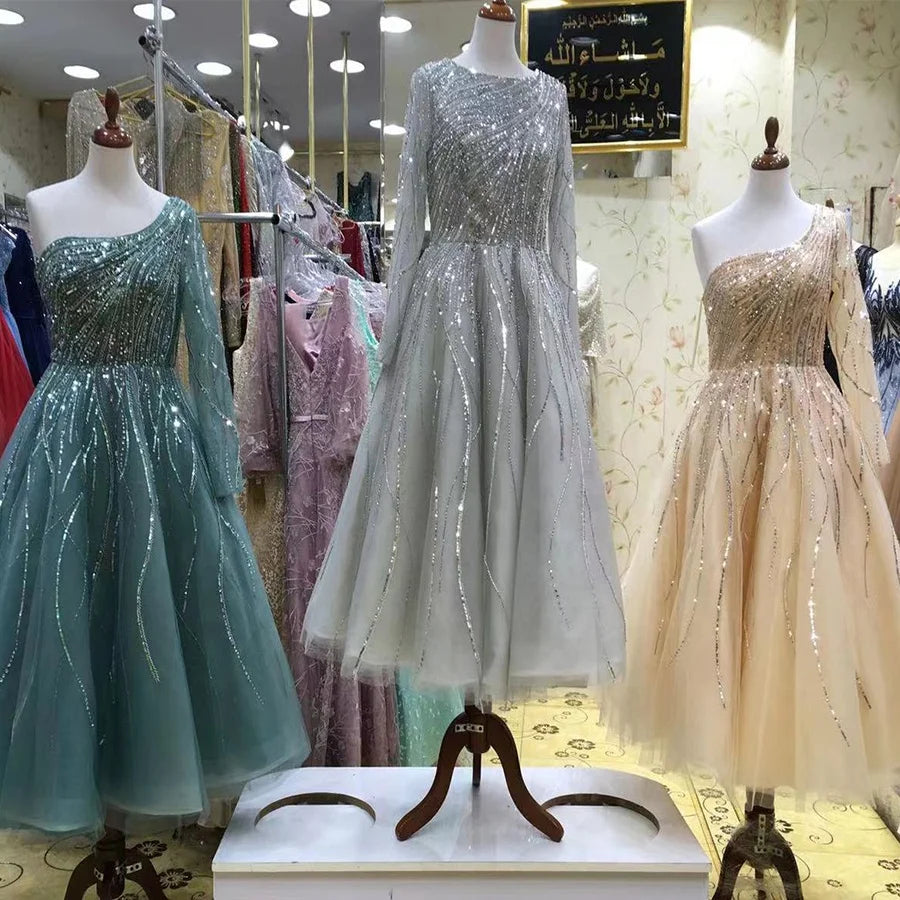 2021 Green a Line One Shoulder Sexy Party Dresses Beaded Mid Length Evening Gowns for Women Wear