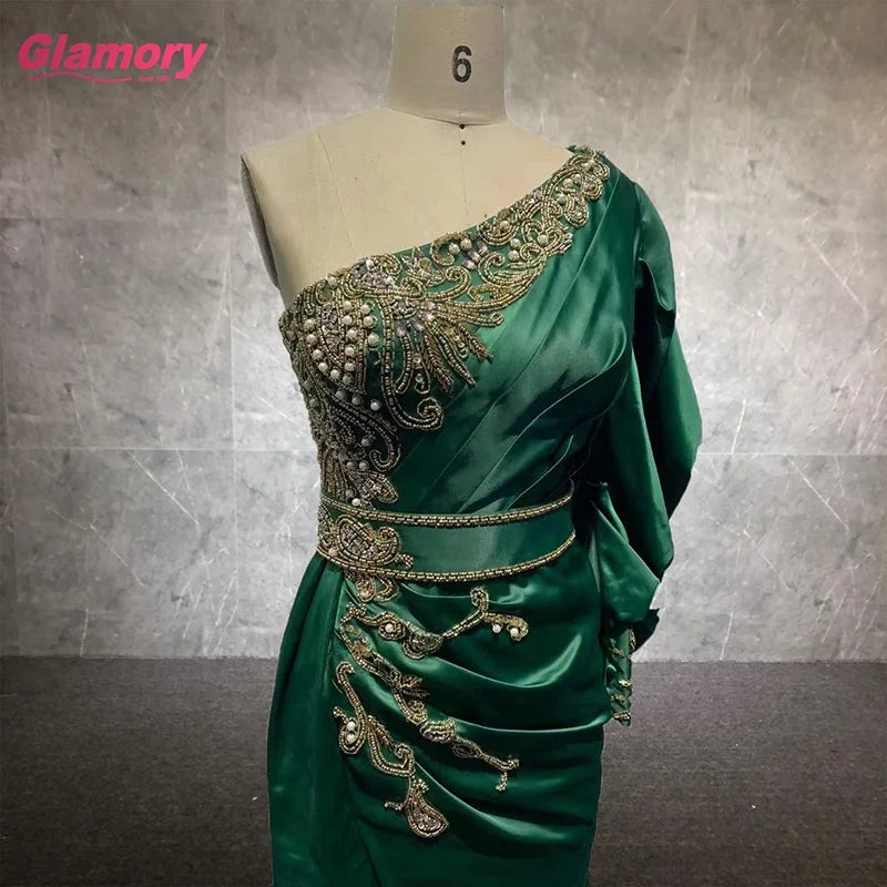 Green New Custom One-shoulder Handmade Beading Wrap Dresses Sexy Satin Evening Dresses  for Women