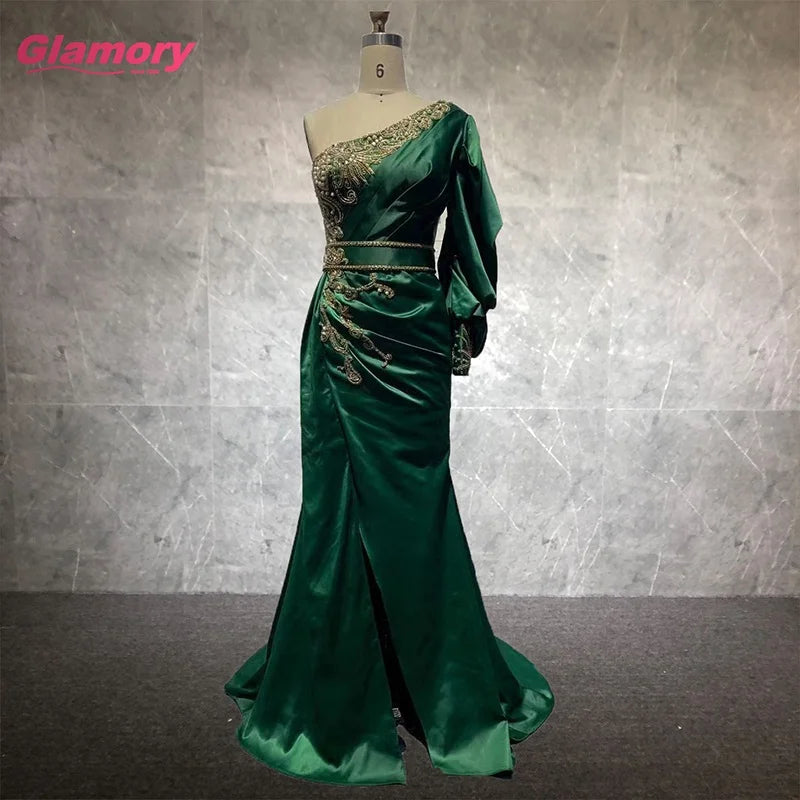 Green New Custom One-shoulder Handmade Beading Wrap Dresses Sexy Satin Evening Dresses  for Women