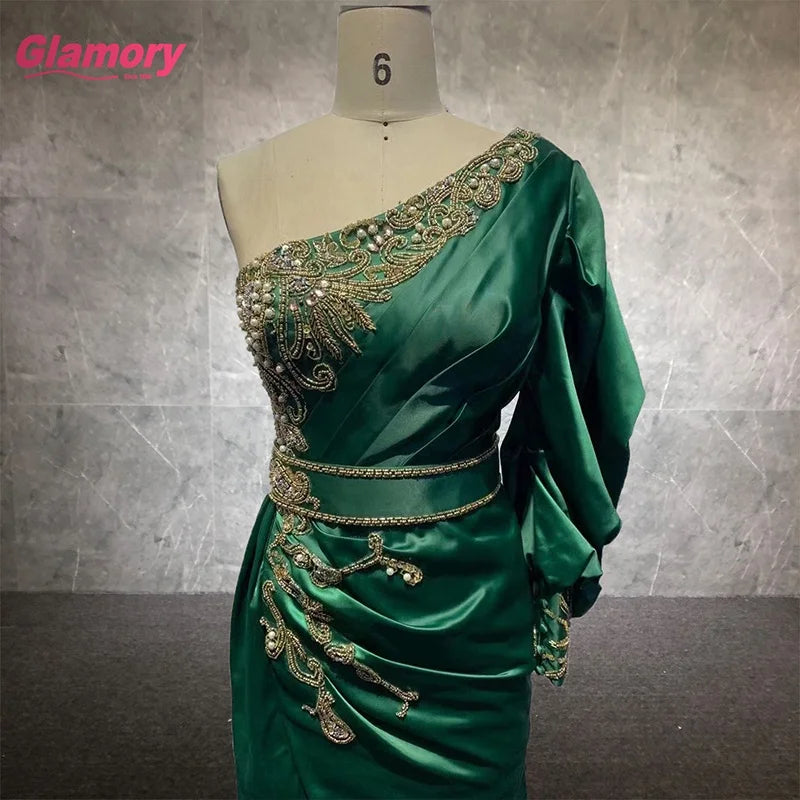 Green New Custom One-shoulder Handmade Beading Wrap Dresses Sexy Satin Evening Dresses  for Women